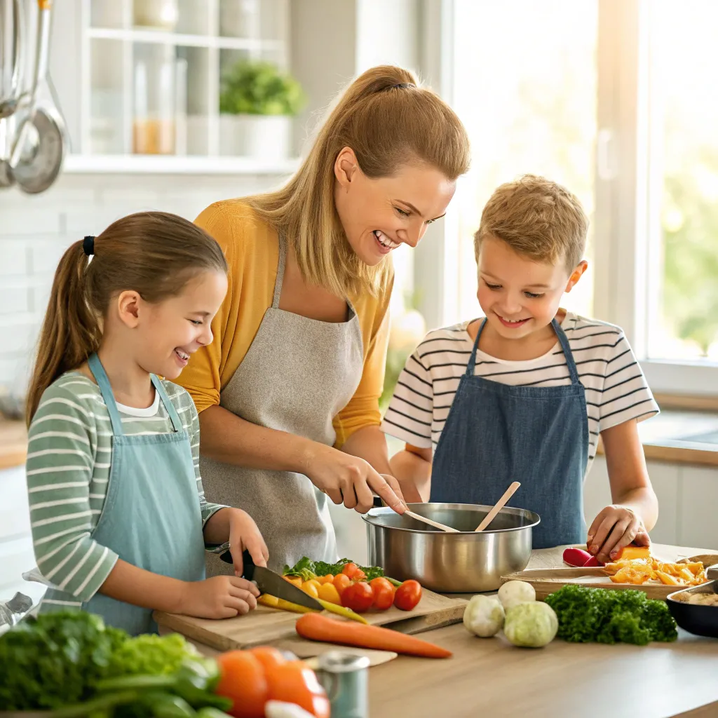 Family cooking together in kitchen