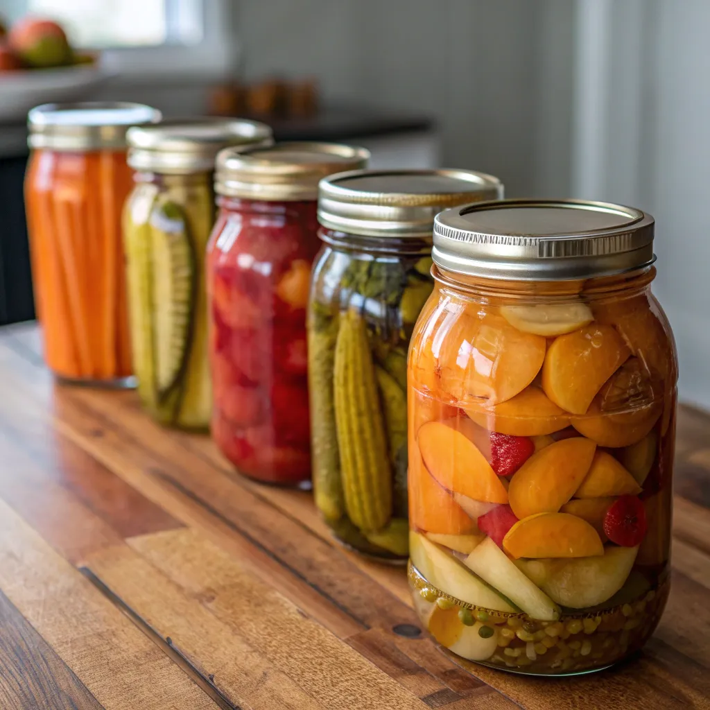 Jars of pickled vegetables and fruits