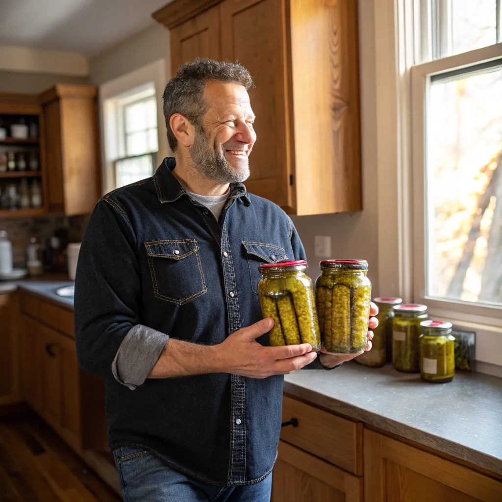 Mark Johnson holding jars of his family recipe pickles