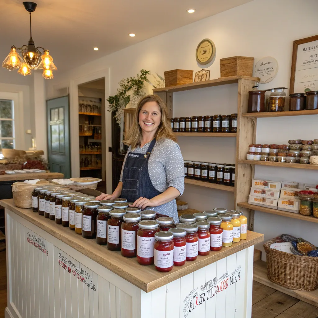 Sarah Williams in her boutique store with jars of preserves